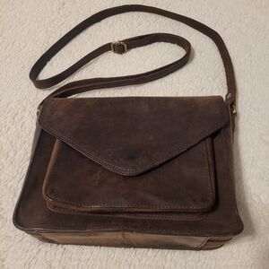 Brown Leather Flapover Crossbody Handbag